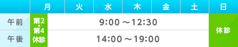 診療時間：午前9：00〜12：30、午後14：00〜19：00、休診日：日・祝日・第二第四月曜日